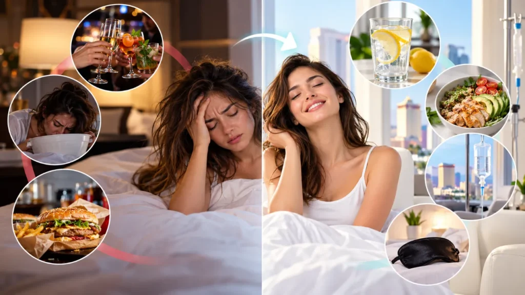A split image illustrates All About Hangovers and How to Treat Them: on one side, a woman feels unwell after unhealthy habits like alcohol and fast food; on the other, she looks happy and refreshed thanks to healthy choices such as lemon water, salad, sleep, and a city view.