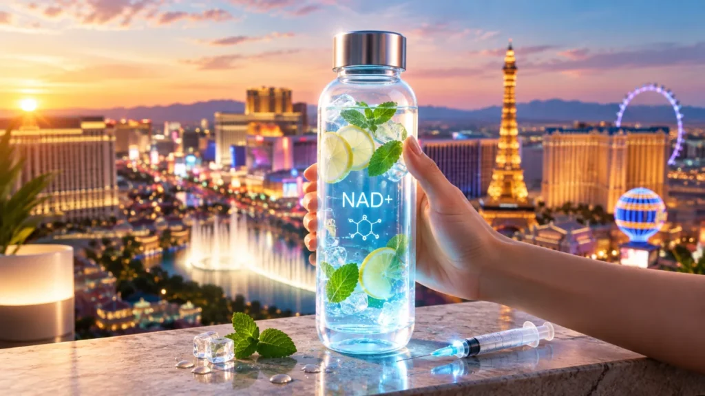A hand holds a bottle labeled NAD+ filled with water, lemon slices, and mint, against a cityscape at sunset. A syringe and mint leaves rest on the ledge in the foreground.