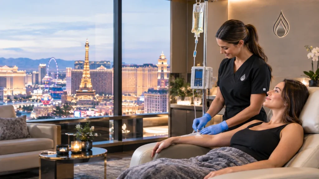 A woman receives IV therapy from a nurse in a luxurious room with floor-to-ceiling windows overlooking the Las Vegas skyline at sunset, experiencing the Best IV Therapy Las Vegas has to offer.