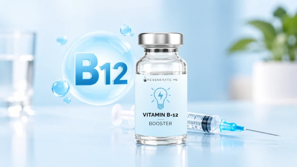 A vial labeled Vitamin B-12 Booster stands next to a syringe, glass of water, and a large blue B12 graphic bubble in a clean, bright setting, highlighting the benefits of B12 shots for enhanced energy and wellness.