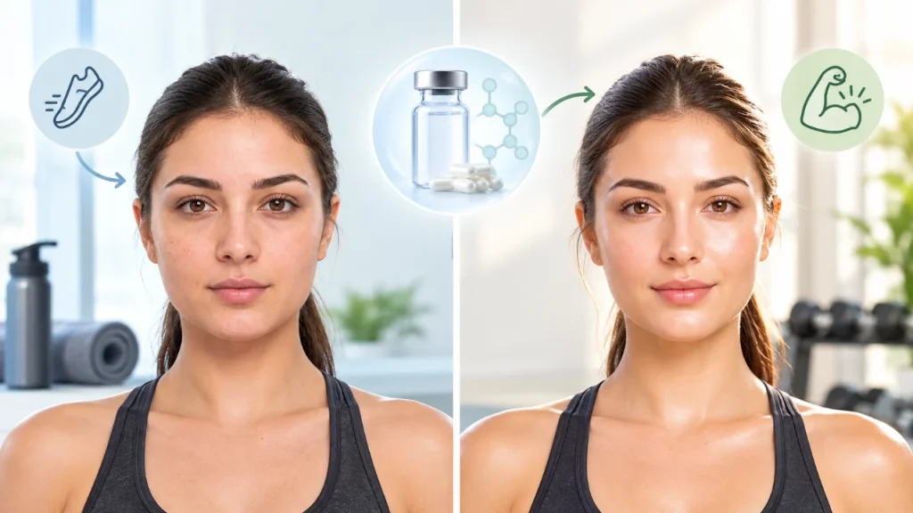 Split image of a woman before and after; left side shows dull skin, right side shows clearer skin, symbolized by skincare and health icons above each side of her head, highlighting the effects of using glutathione before or after workout.