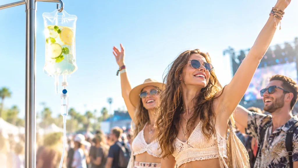 Two women in festival attire smile and dance outdoors on a sunny day, surrounded by a lively crowd. An IV fluid bag with citrus and mint is visible in the foreground, showing how IV drips can elevate your summer festival experience. Everyone looks cheerful and joyful.
