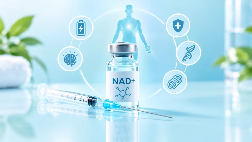 A vial labeled NAD+ with a syringe in front, surrounded by digital icons for health, DNA, brain, energy, and a human silhouette, visually asks: What is a NAD injection? Set against a light blue background with blurred leaves, this image highlights the potential benefits of NAD+ therapy.