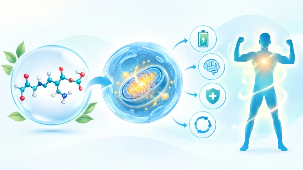 Illustration showing a molecule What Is Glutathione? entering a mitochondrion, leading to energy, brain, health, and strength benefits for a human body.