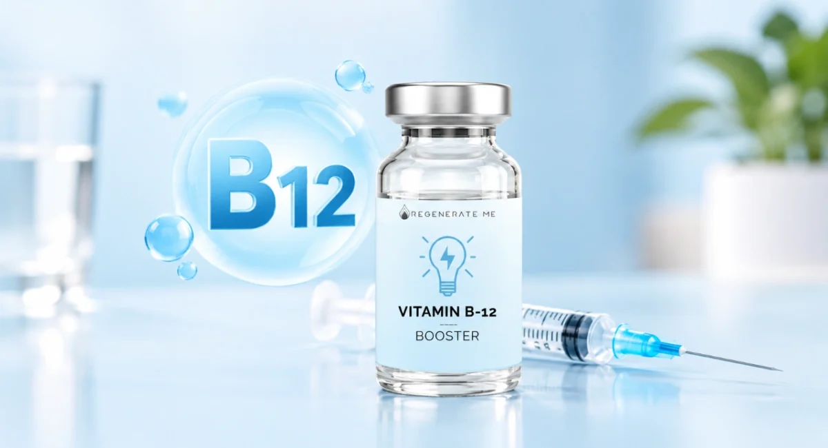 A vial labeled Vitamin B-12 Booster stands next to a syringe, glass of water, and a large blue B12 graphic bubble in a clean, bright setting, highlighting the benefits of B12 shots for enhanced energy and wellness.