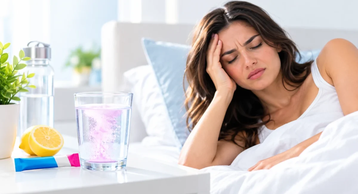 A woman sits in bed holding her head, looking unwell—perhaps suffering from a hangover. On the bedside table are a glass of water with dissolving pink powder, a lemon, a water bottle, and a packet, suggesting she might be trying remedies to feel better and wondering: does Liquid IV help with hangovers?.
