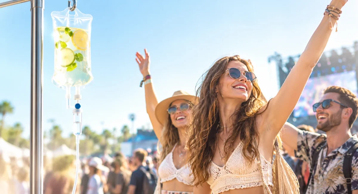 Two women in festival attire smile and dance outdoors on a sunny day, surrounded by a lively crowd. An IV fluid bag with citrus and mint is visible in the foreground, showing how IV drips can elevate your summer festival experience. Everyone looks cheerful and joyful.