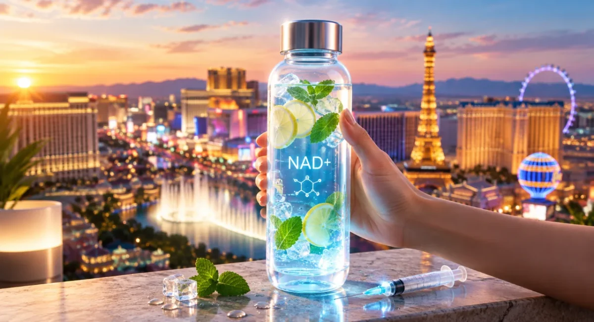 A hand holds a bottle labeled NAD+ filled with water, lemon slices, and mint, against a cityscape at sunset. A syringe and mint leaves rest on the ledge in the foreground.