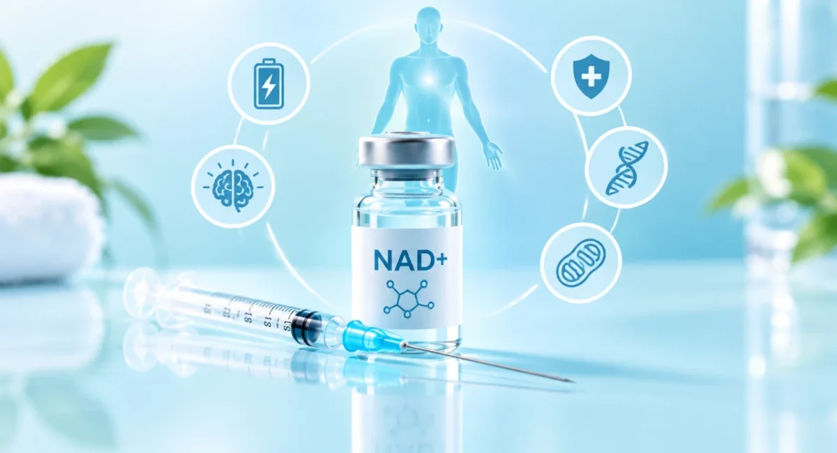A vial labeled NAD+ with a syringe in front, surrounded by digital icons for health, DNA, brain, energy, and a human silhouette, visually asks: What is a NAD injection? Set against a light blue background with blurred leaves, this image highlights the potential benefits of NAD+ therapy.